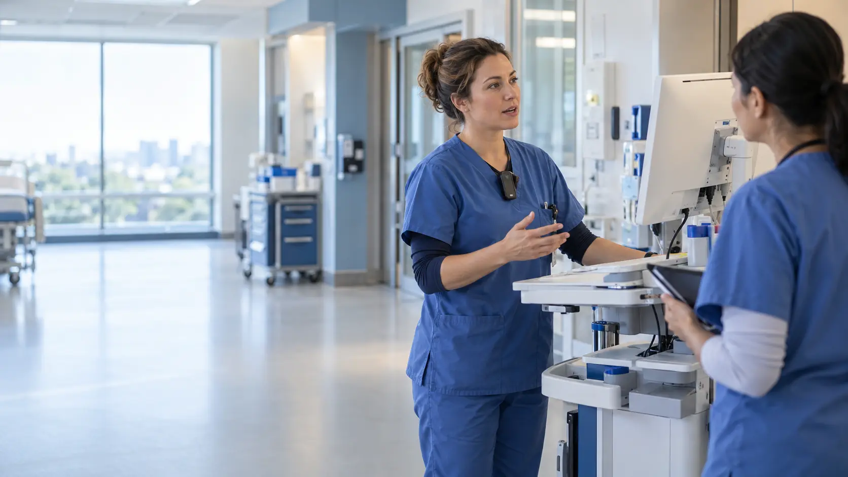 Clinicians beside a shared mobile workstation in a hospital.