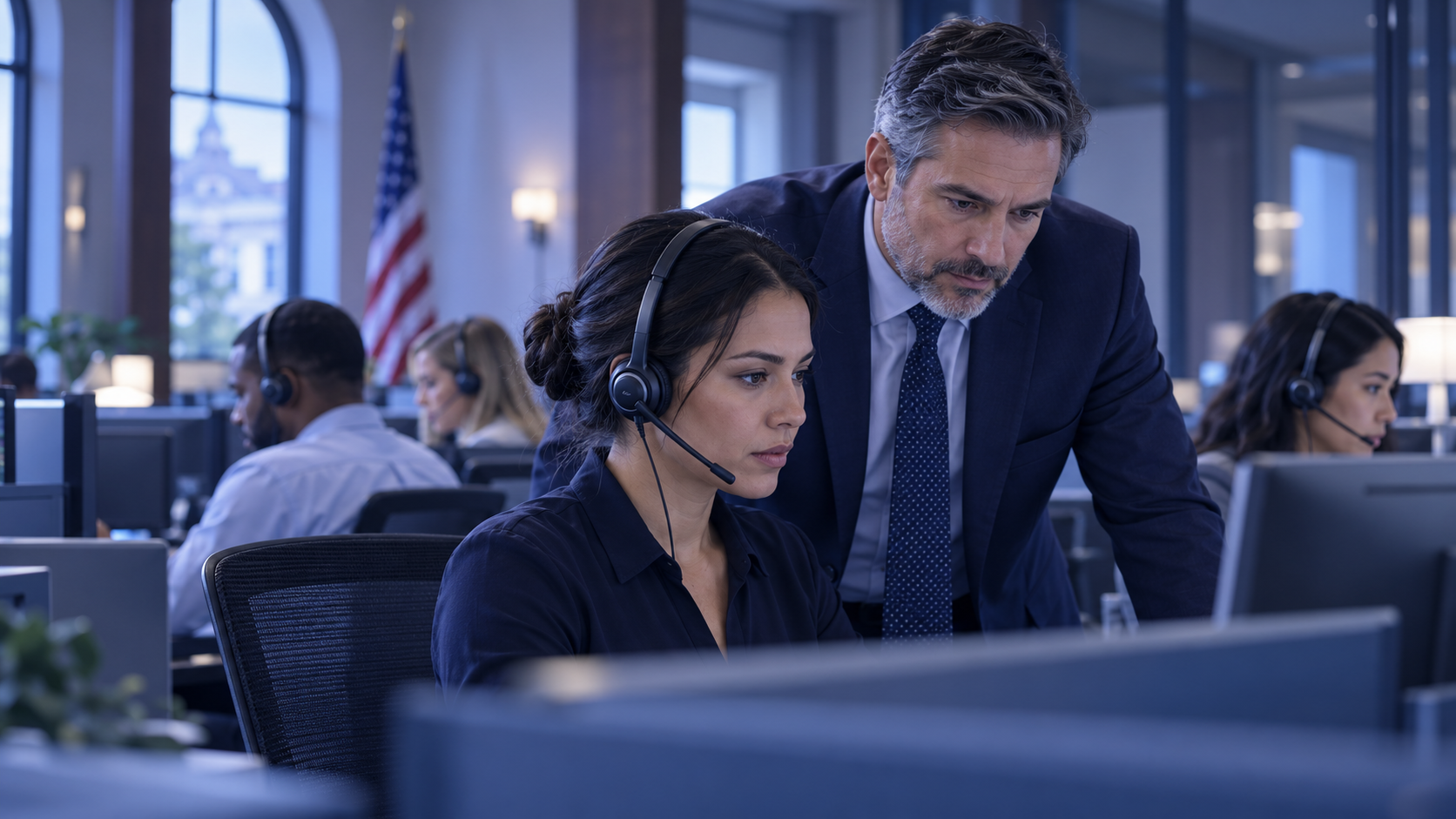 Bank staff reviewing a customer call at a workstation.