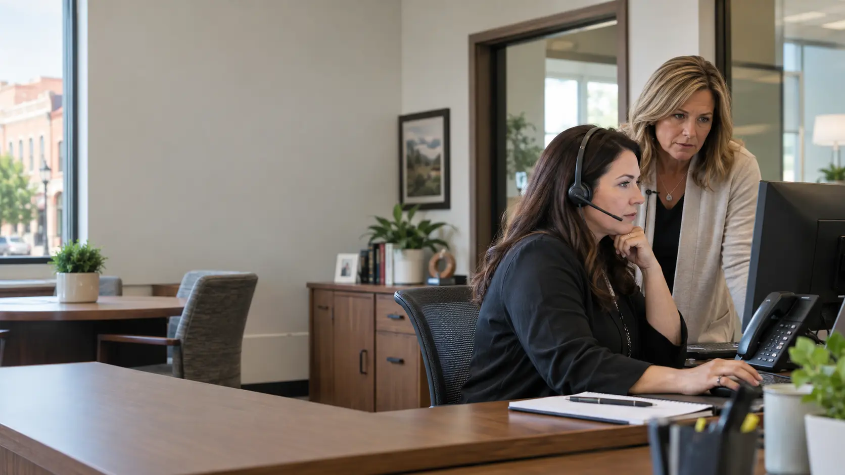 Bank staff reviewing a customer call at a workstation.