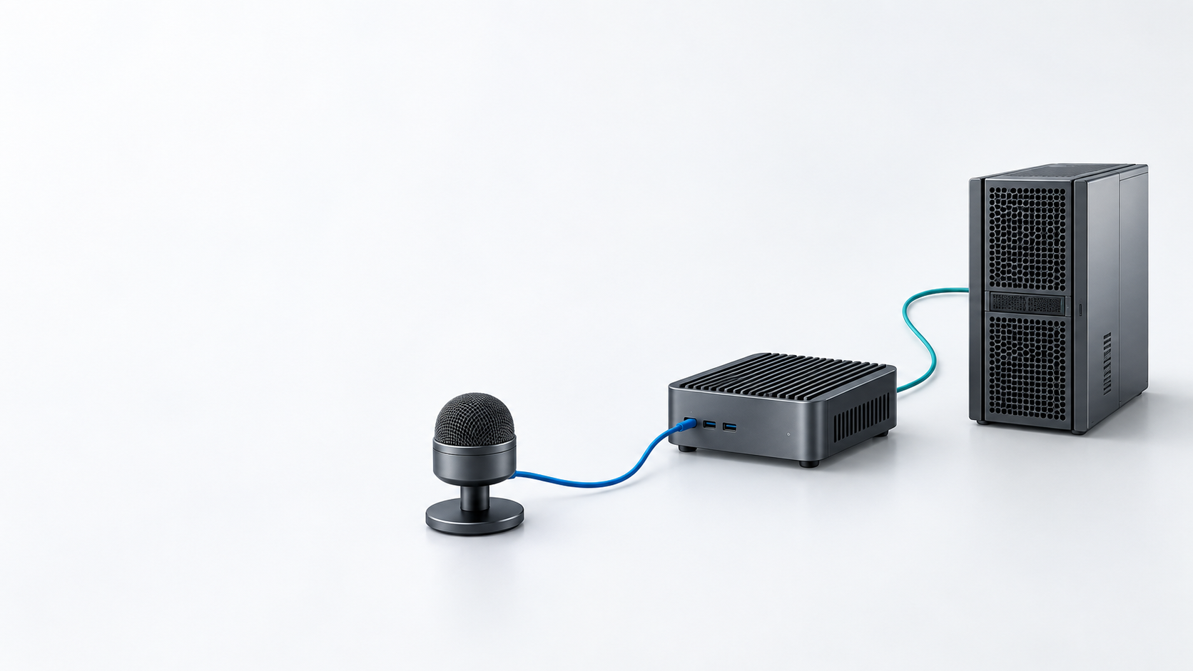 Conceptual voice deployment architecture with a microphone, local processor and enterprise server.